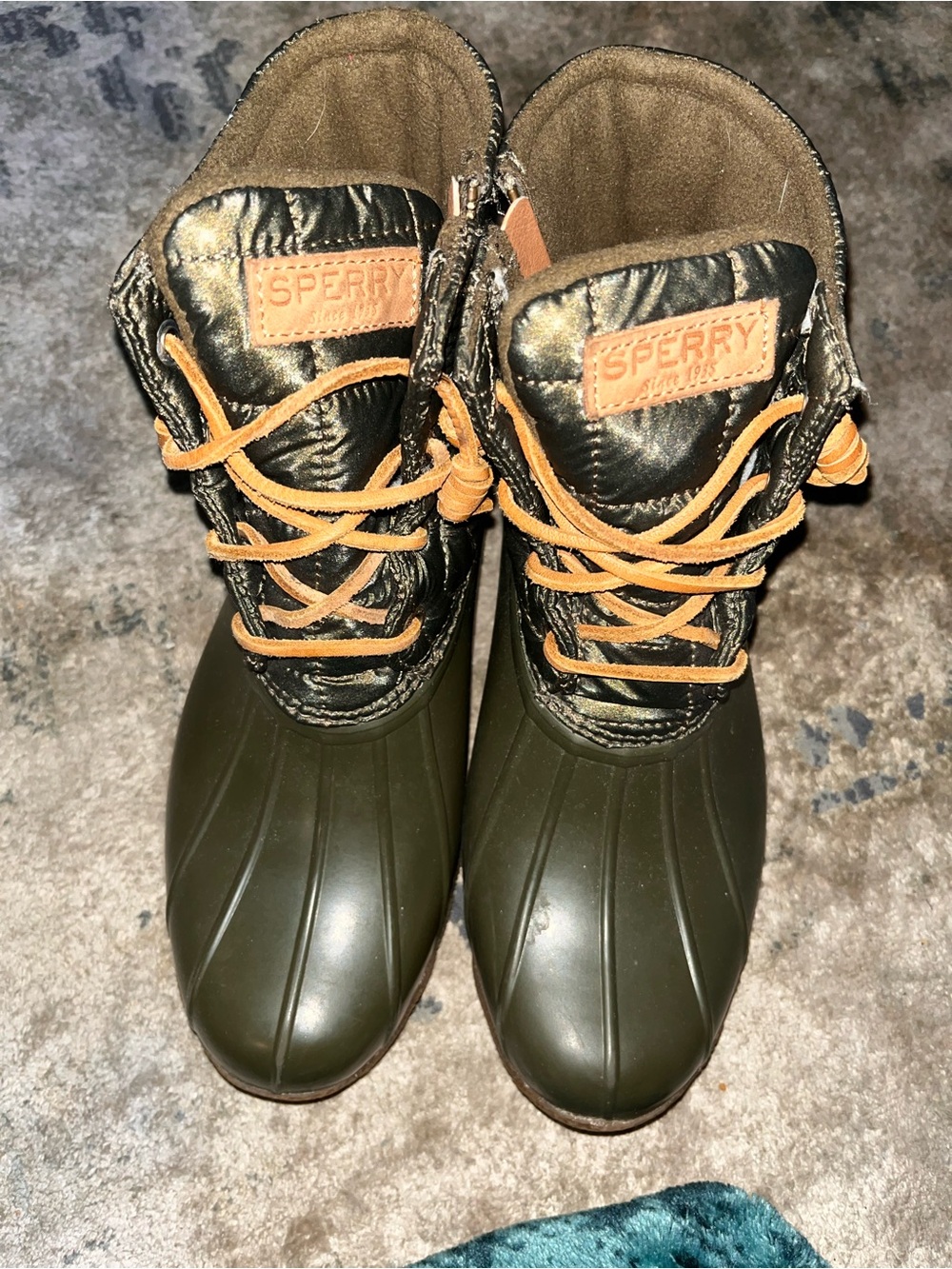 Sperry Women's Olive Green Duck Boots with Tan Laces